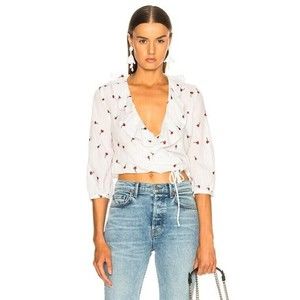 RIXO Sz M Sofia White Red Embroidered Wrap Waist Tie Blouse Top Boho Ruffle